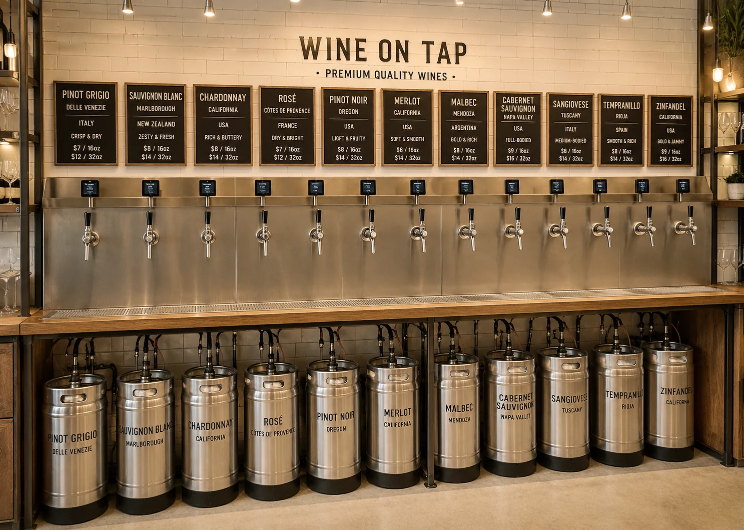 Instalacja Wine on Tap z nalewakami do wina i metalowymi kegami